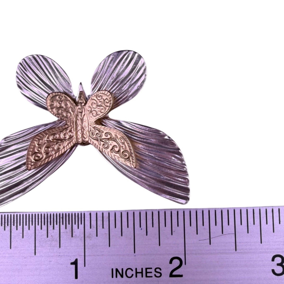 Chicos Two-Tone Mixed Metal Butterfly Brooch Gold & Silver Tone Textured Pin 