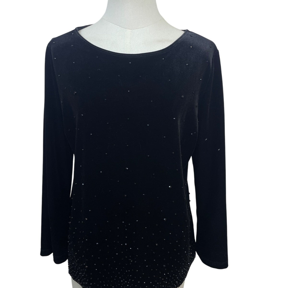 Chicos Travelers Black Velvet Beaded Long Sleeve Top Size 1 (8/10)