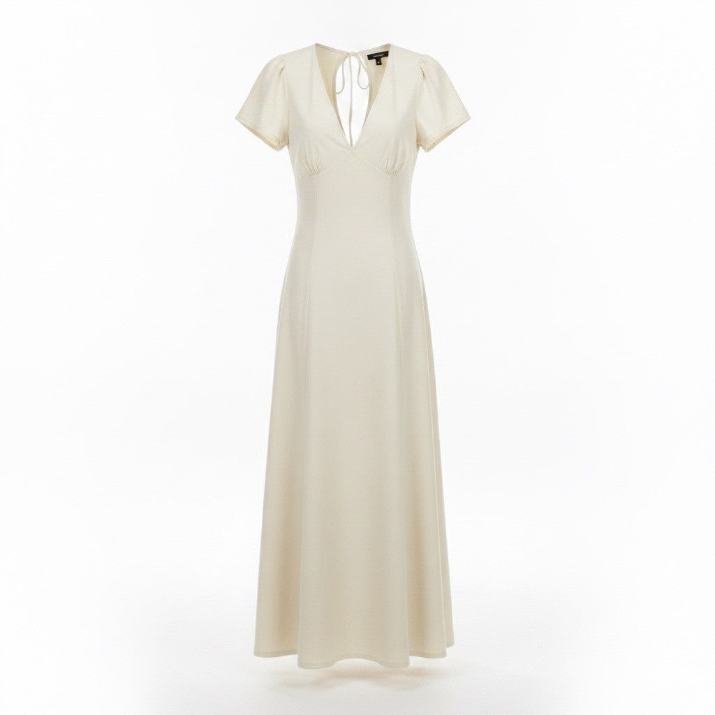 Asos Design Womens Ivory Maxi Dress Deep V Neck Tie Back Sz US 8 UK 12