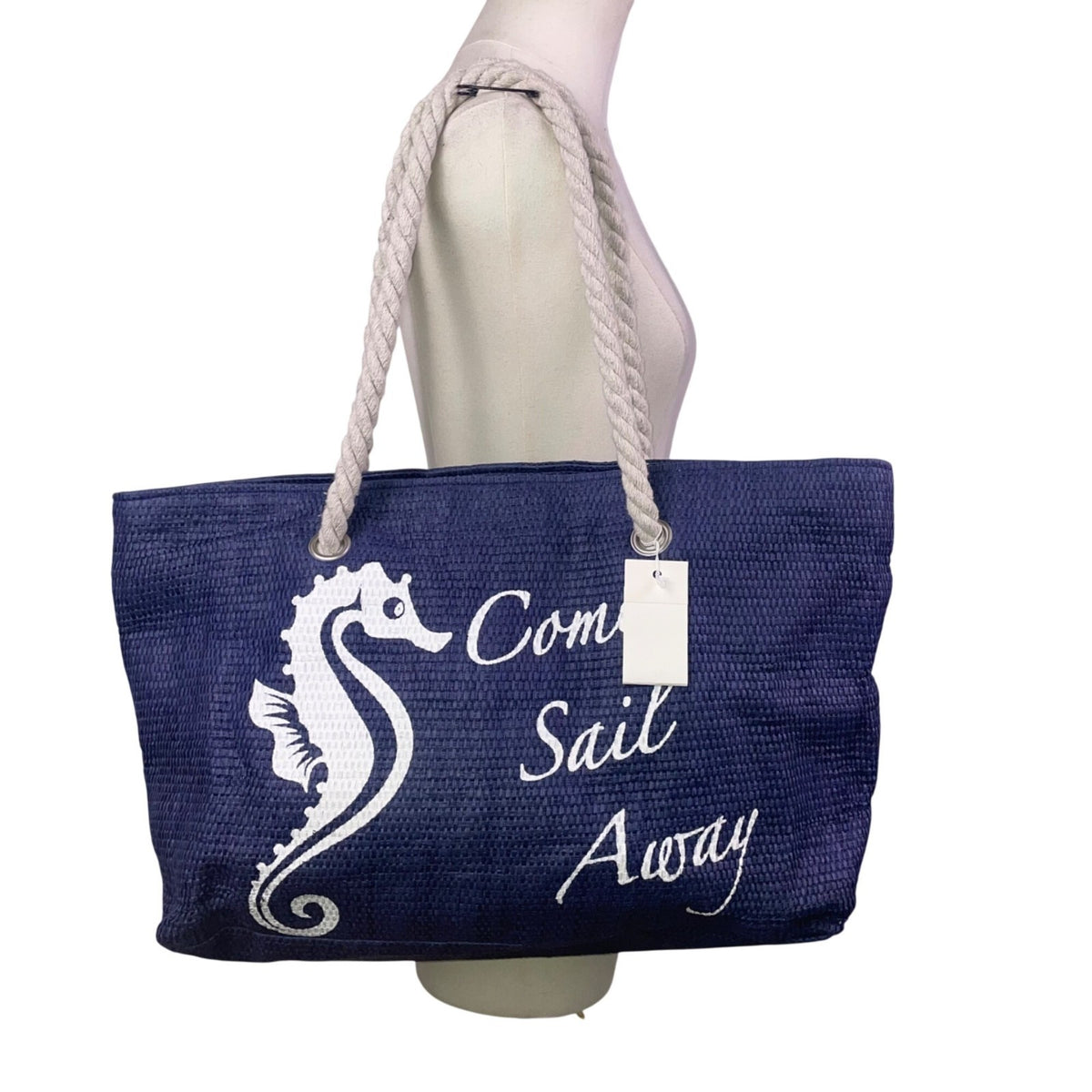 Southwest Rope Handle Navy Come Sail Away Seahorse Print Beach Tote Bag