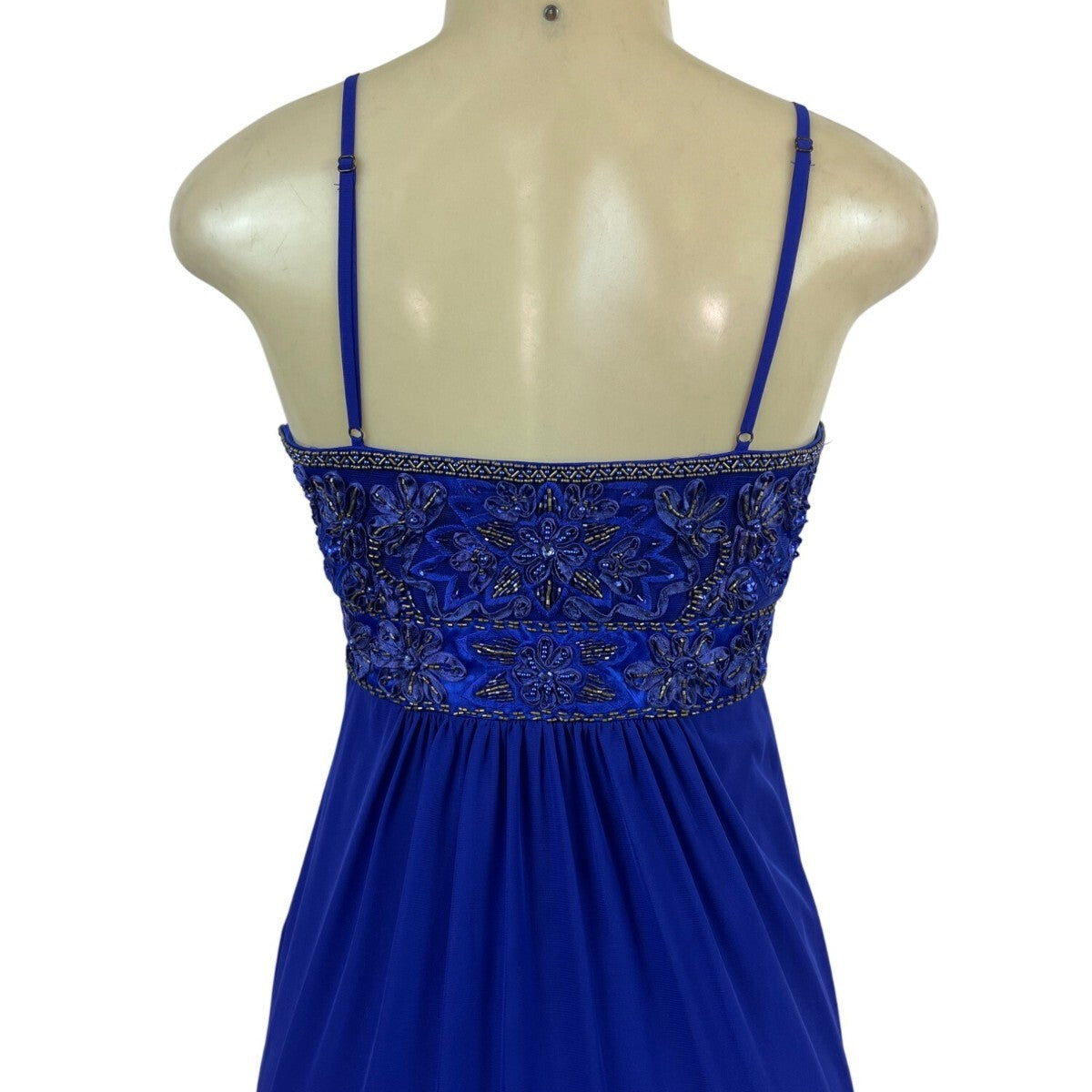 Sue Wong Royal Blue Beaded Maxi Dress With Spaghetti Straps & V-Neckline Size 2