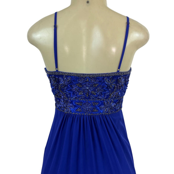 Sue Wong Royal Blue Beaded Maxi Dress With Spaghetti Straps & V-Neckline Size 2