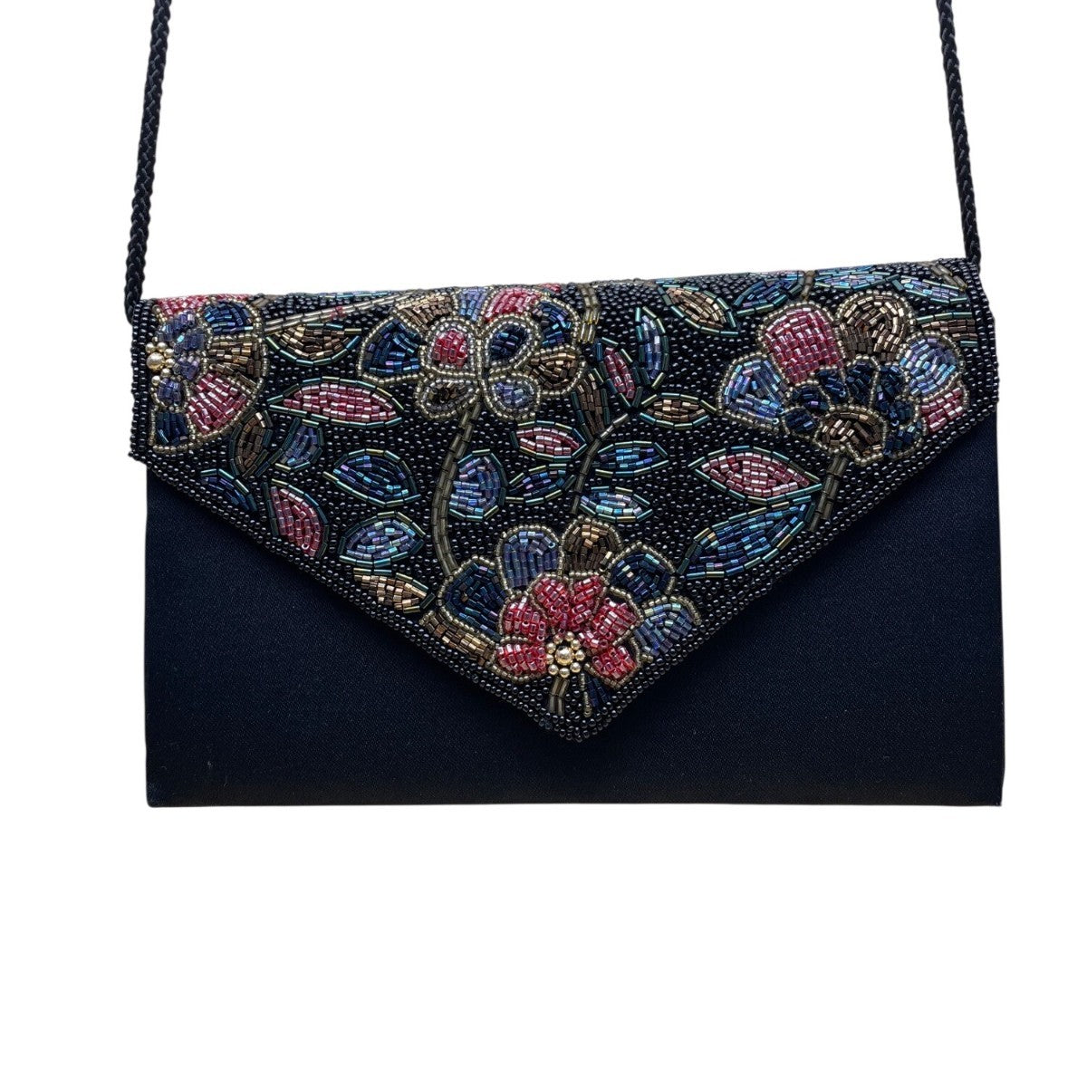 Women’s Black Beaded Floral Envelope Clutch Purse With Shoulder Strap