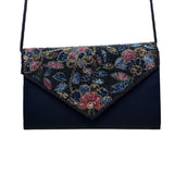 Women’s Black Beaded Floral Envelope Clutch Purse With Shoulder Strap