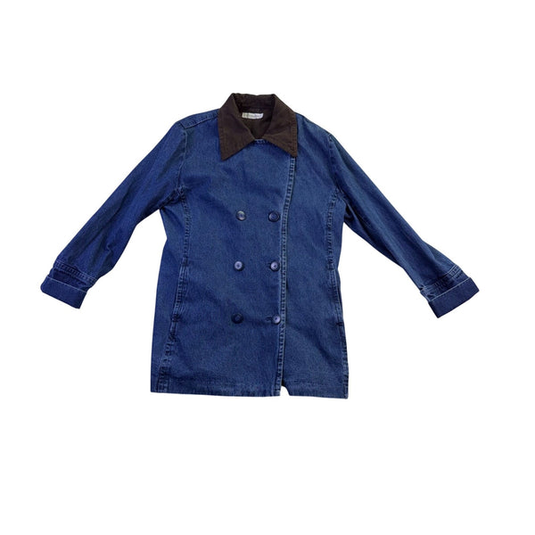 Dressbarn Womens Blue Denim Double-Breasted Jacket With Contrast Collar 