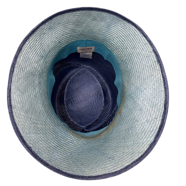 Vtg Nordstrom Blue Straw Hat W/ Pink Floral Accent & Green Ribbon Embellishment