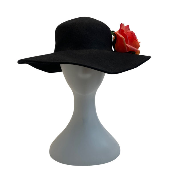 Black Wool Wide-Brim Fedora Hat With Red Floral Embellishment