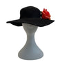 Black Wool Wide-Brim Fedora Hat With Red Floral Embellishment