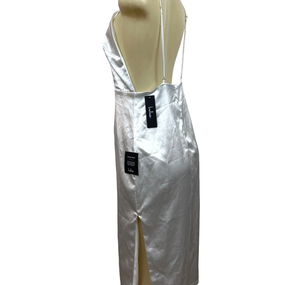 Lulus White Satin Midi Dress With Spaghetti Straps & Open Back Design Sz M - New