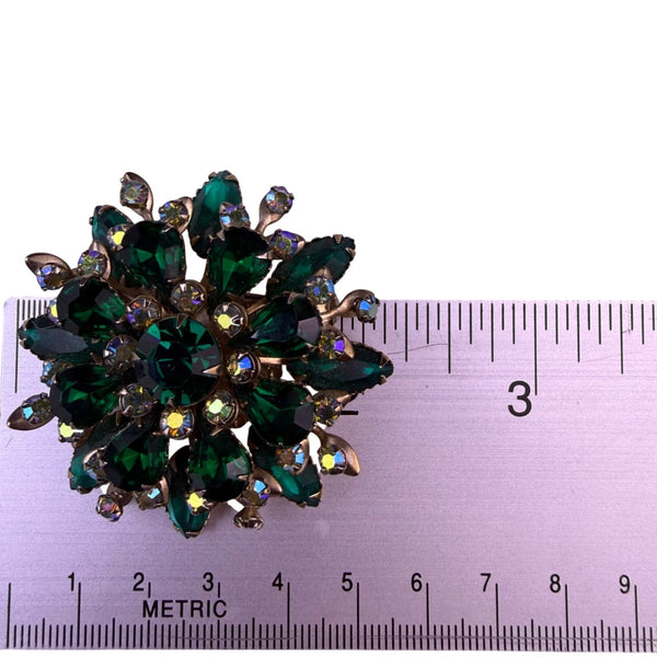 Vintage Gold Tone Women’s Rhinestone Brooch Green & Aurora Borealis