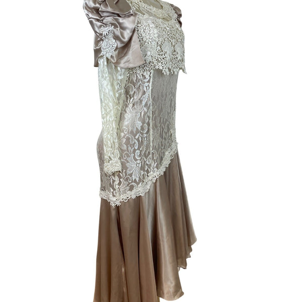 Vintage Cachet Women’s Beige & Ivory Lace Satin Puff Sleeve Midi Dress