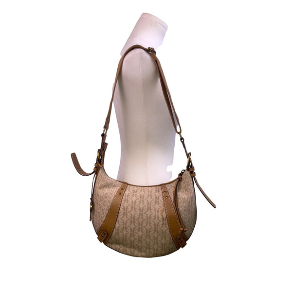 Fossil Women’s Beige Logo Pattern & Brown Leather Trim Adjustable Strap Hobo Bag