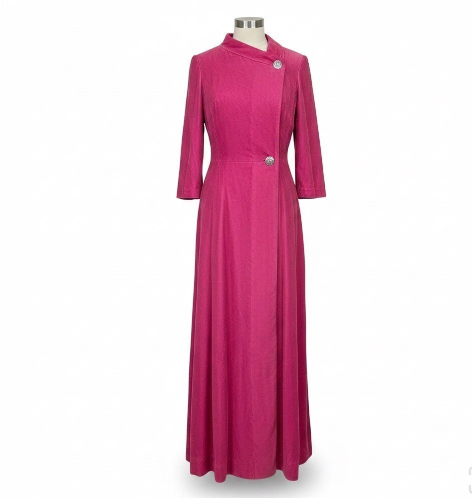 Vintage Womens Pink Velvet Long Sleeve Maxi Dress With Rhinestone Buttons