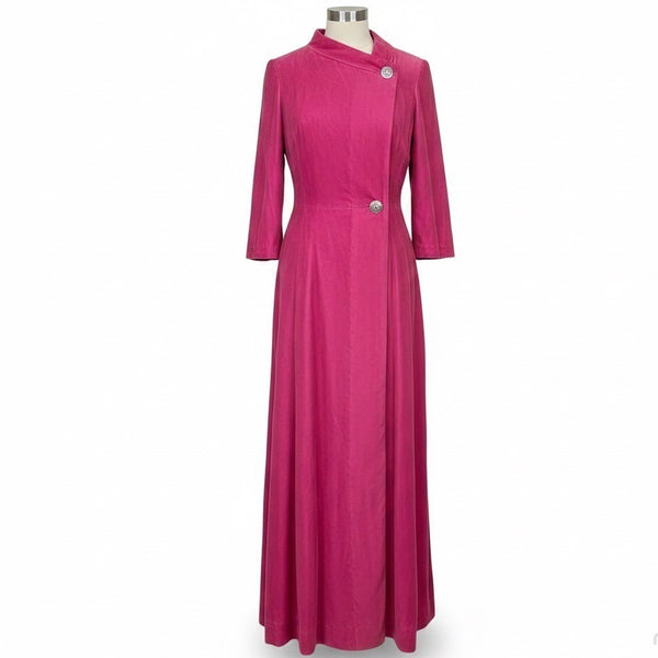 Vintage Womens Pink Velvet Long Sleeve Maxi Dress With Rhinestone Buttons