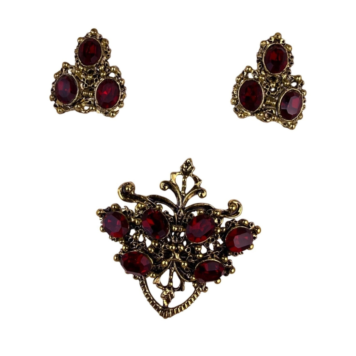 Gold-Tone Red Glass Brooch & Clip-On Earrings Set Victorian-Inspired Jewelry