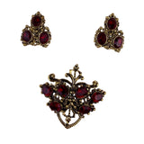 Gold-Tone Red Glass Brooch & Clip-On Earrings Set Victorian-Inspired Jewelry