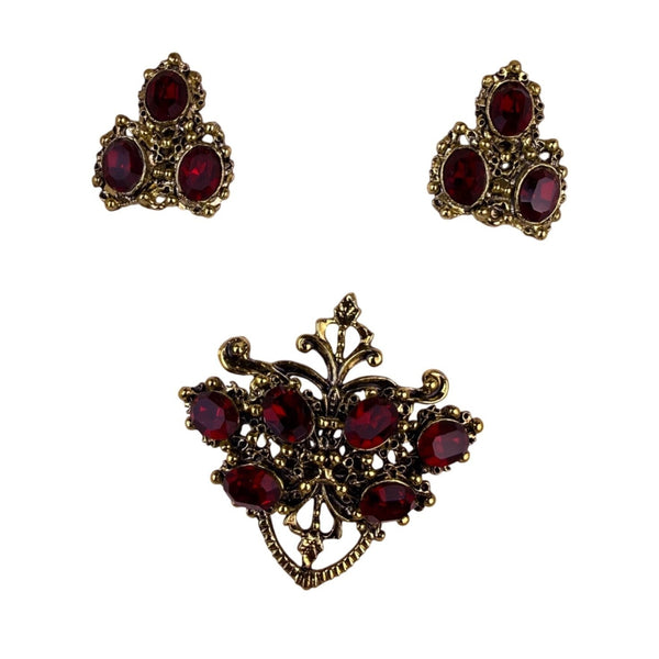 Gold-Tone Red Glass Brooch & Clip-On Earrings Set Victorian-Inspired Jewelry