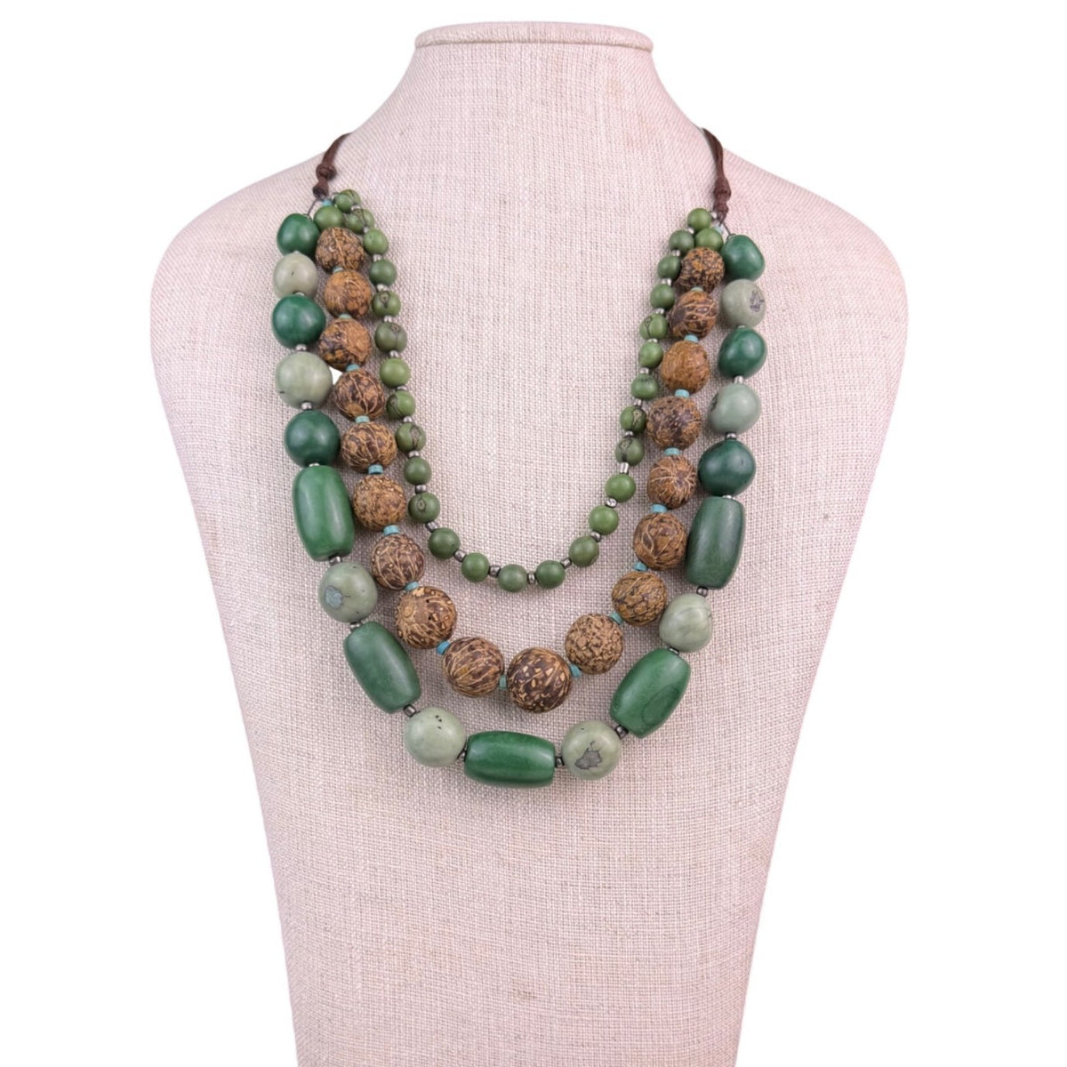 Vintage Multi-Strand Brown Green Beaded Necklace Women’s Wood Celluloid