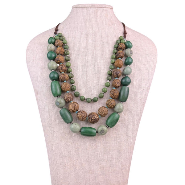 Vintage Multi-Strand Brown Green Beaded Necklace Women’s Wood Celluloid
