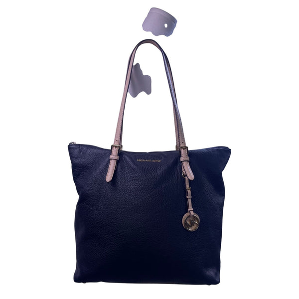 Michael Kors Women’s Black Pebbled Leather Gold Hardware Beige Straps Tote Bag