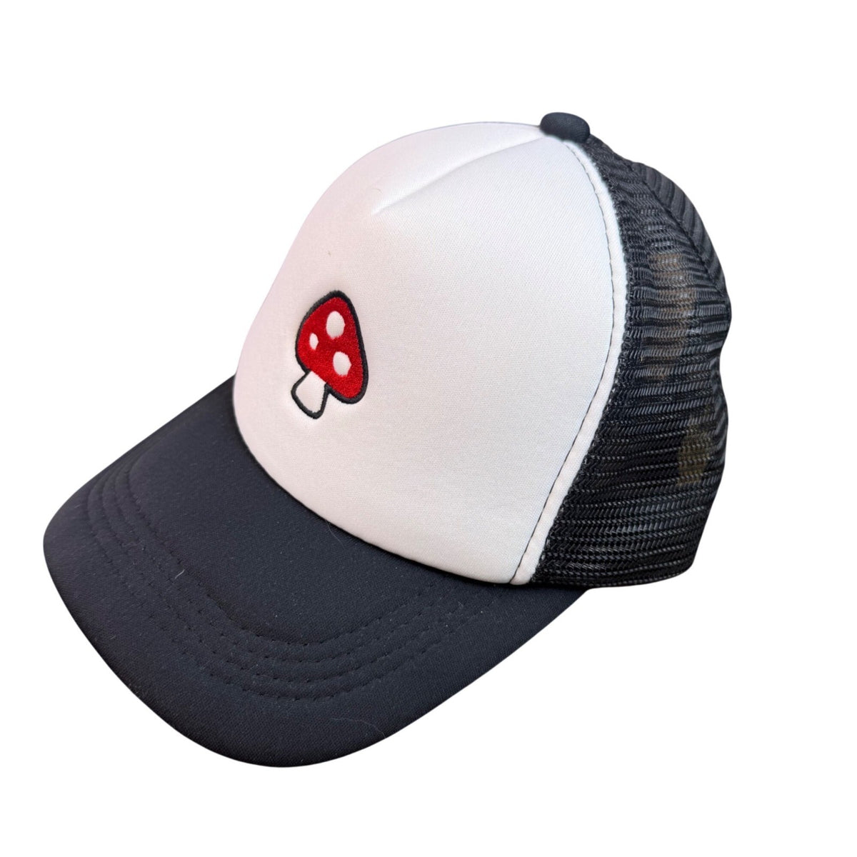 D&Y Unisex Black/White Polyester Trucker Hat  Mushroom Embroidery Snapback OS