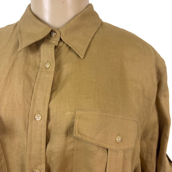 Ralph Lauren Womens Beige Linen Long Sleeve Utility Shirt Button Front Size XL