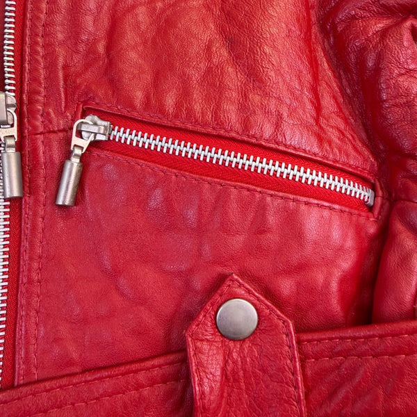 Bloomingdales Womens Red Leather Sleeveless Vest Belted Zipper Pockets Size S