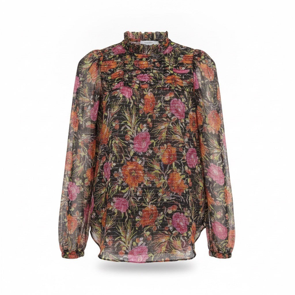 Sandro Womens Black Floral Print Sheer Blouse With Ruffled Details Size 1