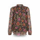 Sandro Womens Black Floral Print Sheer Blouse With Ruffled Details Size 1