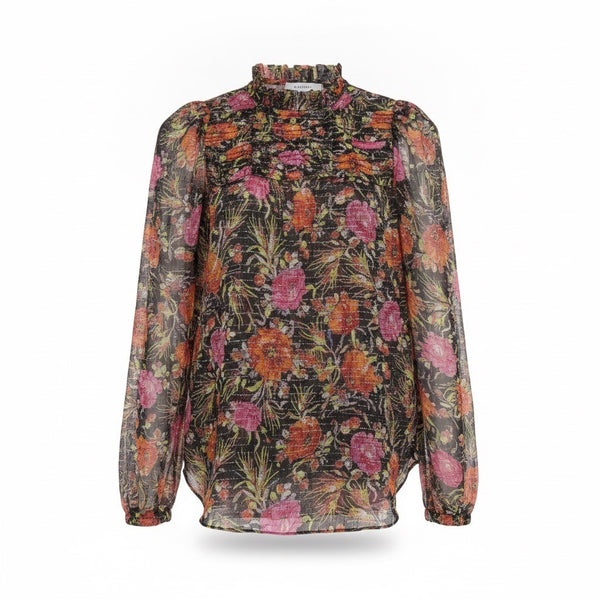 Sandro Womens Black Floral Print Sheer Blouse With Ruffled Details Size 1