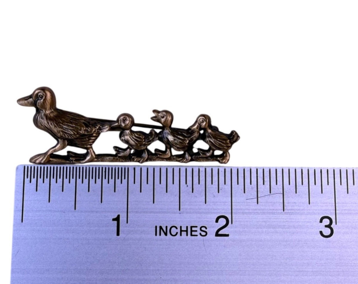 Bronze Tone Vintage Metal Duck Family Brooch Mother & Three Ducklings Pin