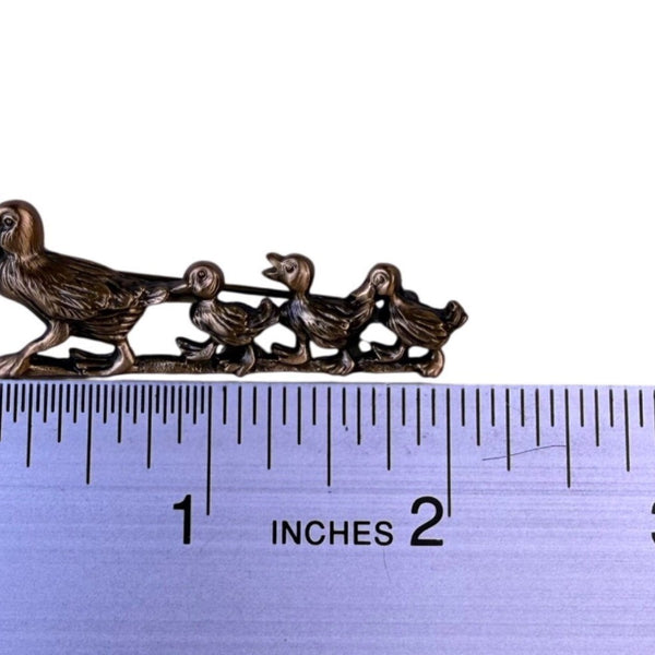 Bronze Tone Vintage Metal Duck Family Brooch Mother & Three Ducklings Pin