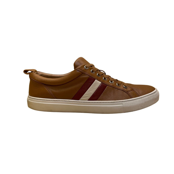 Bally Men’s Brown Leather White & Red Stripe Low-Top Casual Sneakers Size US10.5