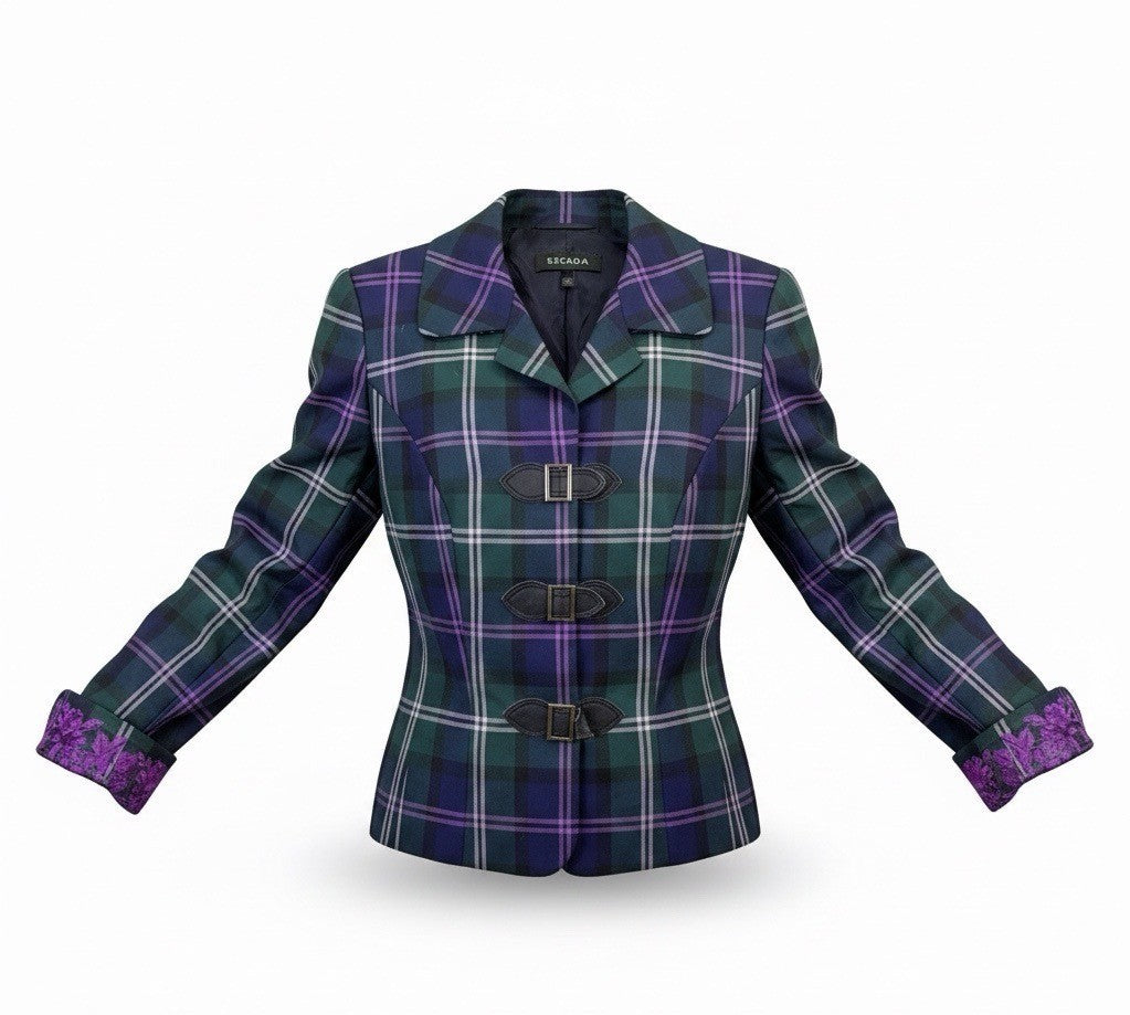 Escada Womens Green & Purple Plaid Wool Blazer Jacket With Buckle Closures Size