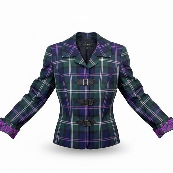 Escada Womens Green & Purple Plaid Wool Blazer Jacket With Buckle Closures Size