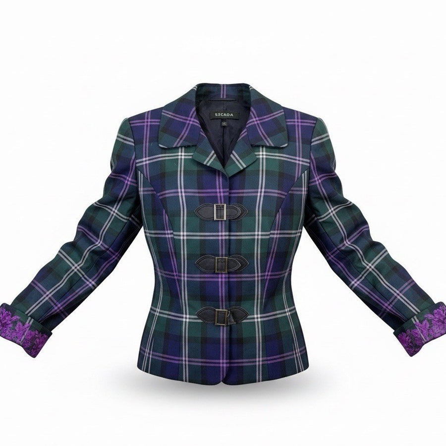 Escada Womens Green & Purple Plaid Wool Blazer Jacket With Buckle Closures Size