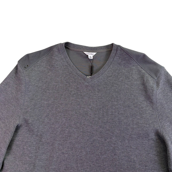 Calvin Klein Mens Medium Grey Cotton V-Neck Liquid Rib Long Sleeve Sweater Sz XL