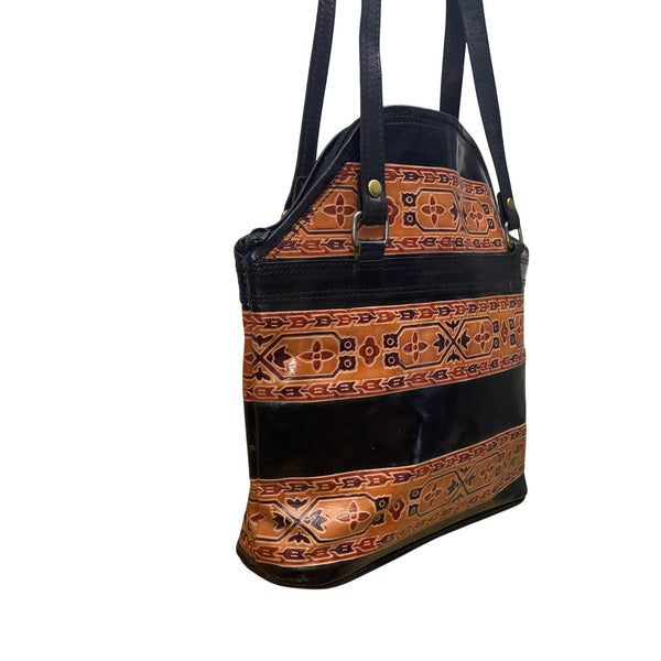 Women’s Black Brown Leather Patterned With Dual Shoulder Straps Tote Bag