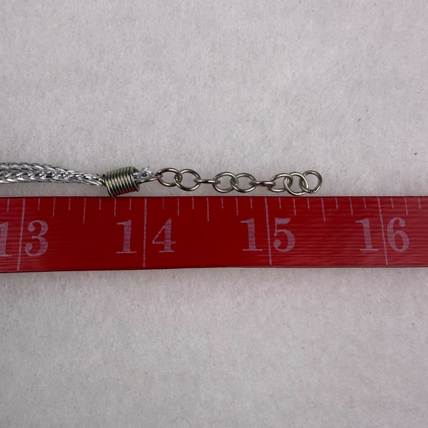 Silver Tone Womens Braided Necklace With Oval Translucent Sones And Charms.