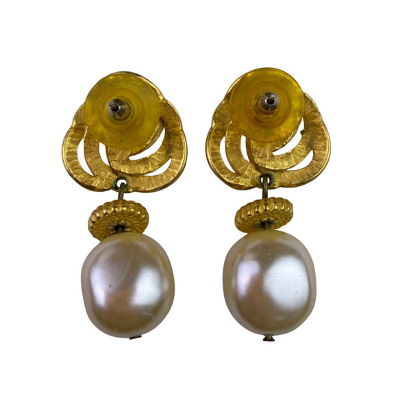 Vintage Faux Pearl & Gold Tone Statement Earrings Drop Style Dangle Design