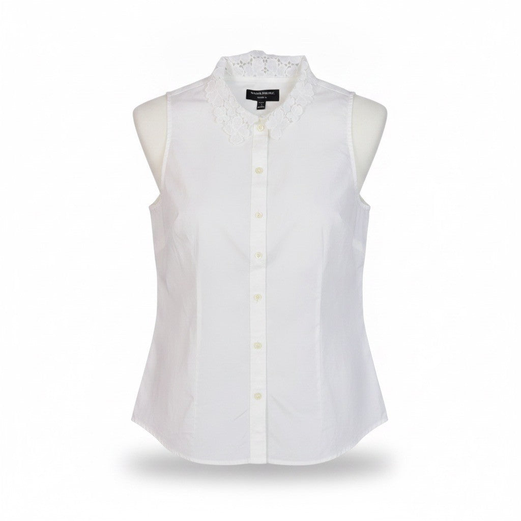 Banana Republic Womens White Sleeveless Button-Up Blouse With Lace Collar Size 4