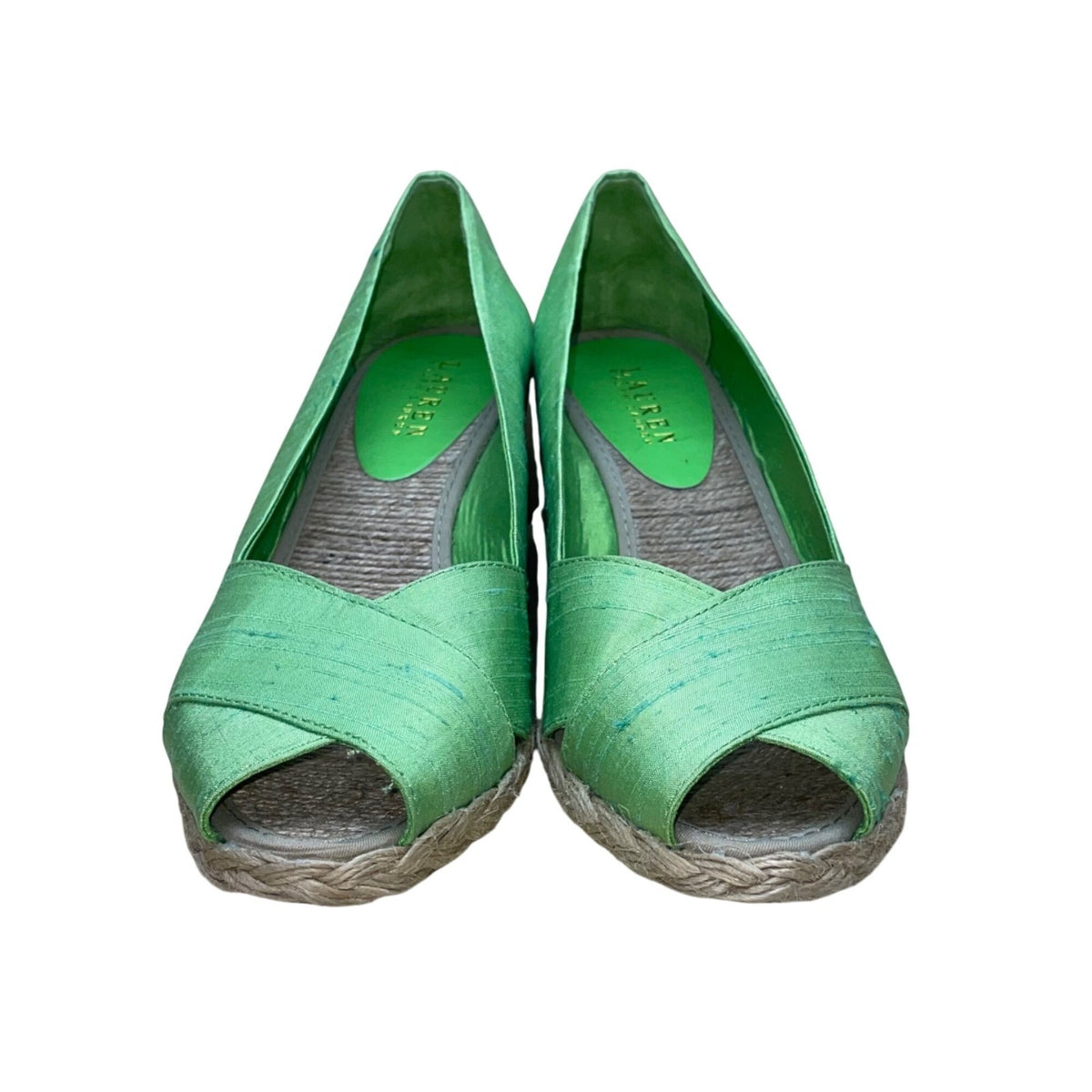 Lauren Ralph Lauren Women’s Lime Shantung Cecilia Peep Toe Wedge Shoes Size 7B