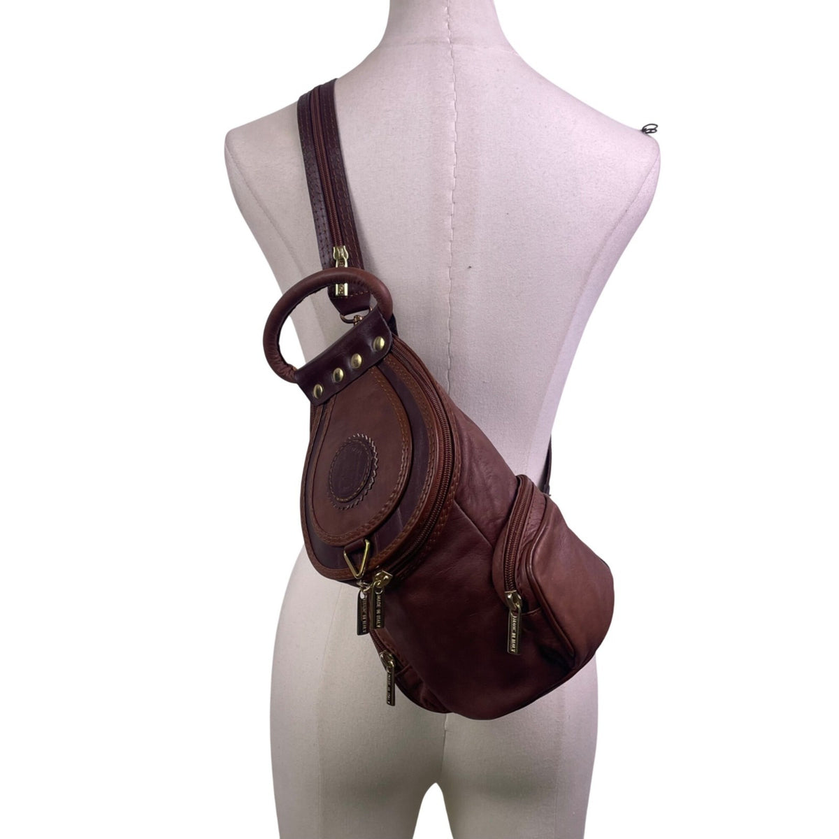 Giaccomo Men’s Brown Leather With Brass Zippers Crossbody Sling Backpack