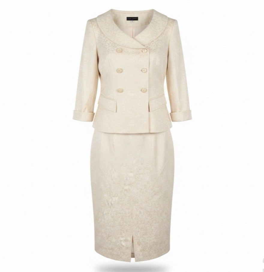 Lauren Taylor Womens Beige Jacquard Blazer & Slit Pencil Skirt Set Size 6