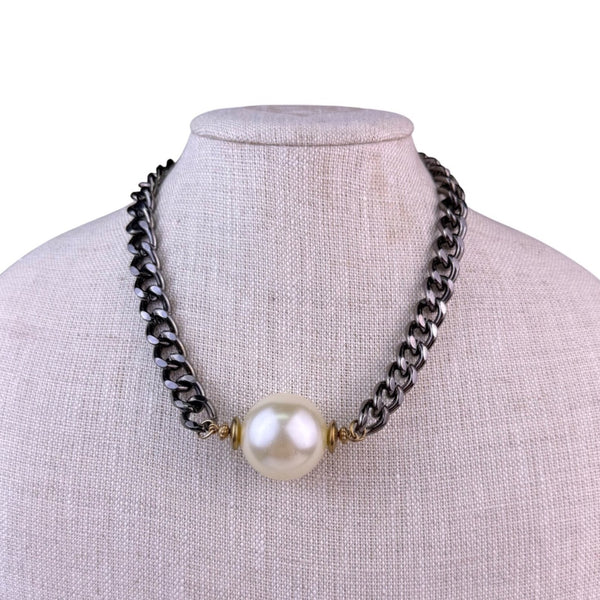 Chunky Chain Womens Silver Tone Metal Necklace Faux Pearl Accent