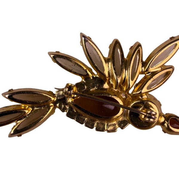 Vintage Amber Clear Rhinestone Bird Brooch Gold Tone Pin Statement