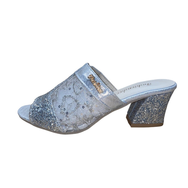 FashionShoes Women’s Silver Glitter Mesh Chic Slip-On Open-Toe Block Heel Sz 37