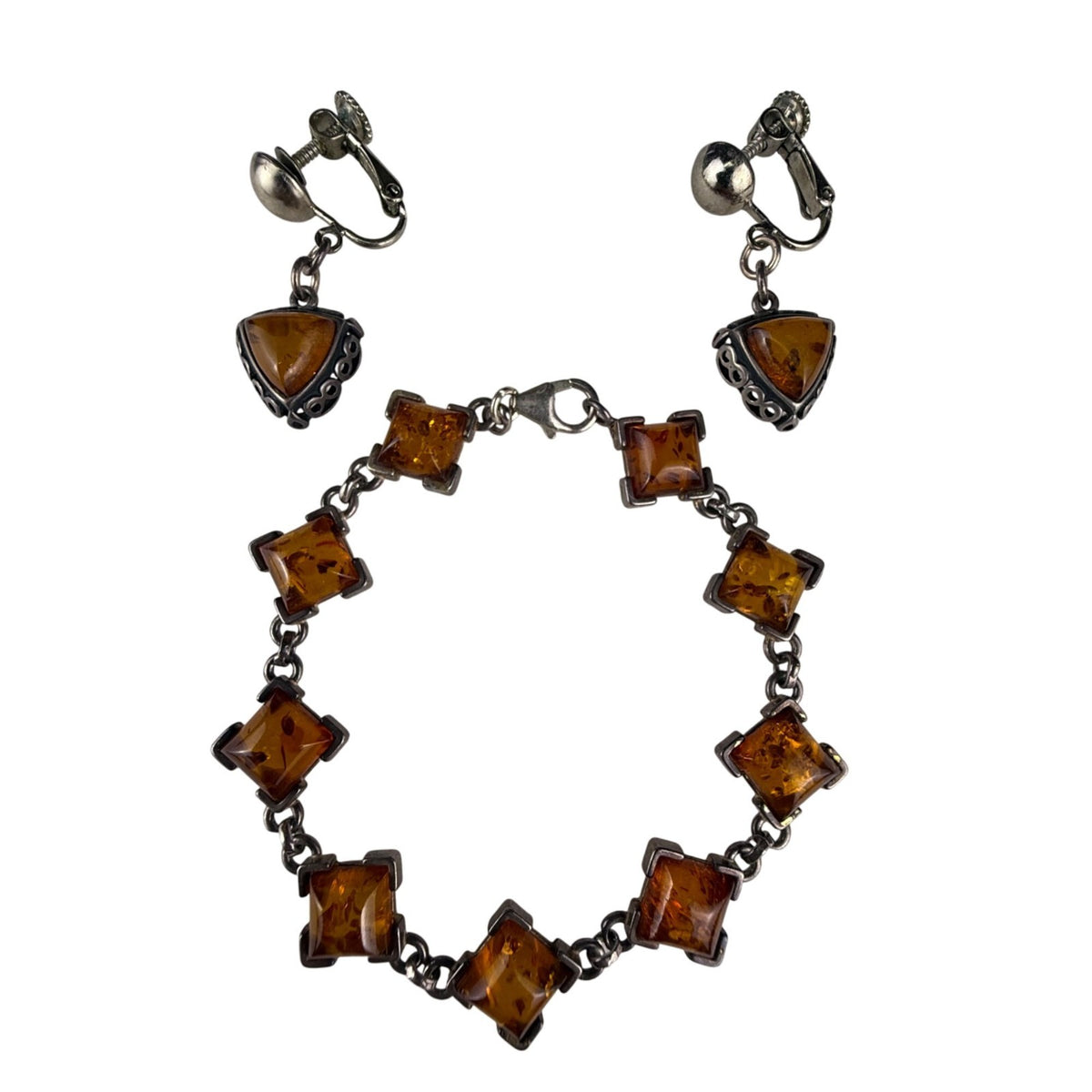 Vintage Amber & Silver Tone Bracelet With Matching Clip-On Earrings Set