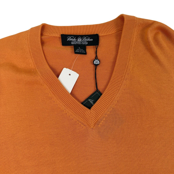 Brooks Brothers Mens Orange Cotton & Silk V-Neck Sweater Size L - New
