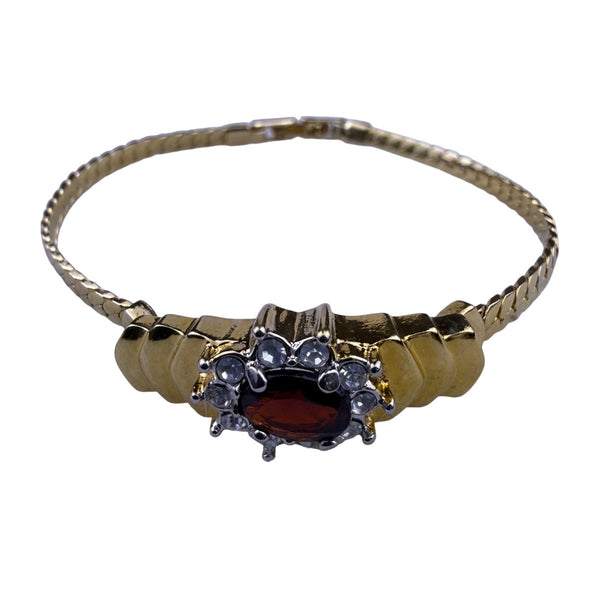 Vintage Womens Gold Tone Bracelet With Red Crystal & Clear Rhinestones 